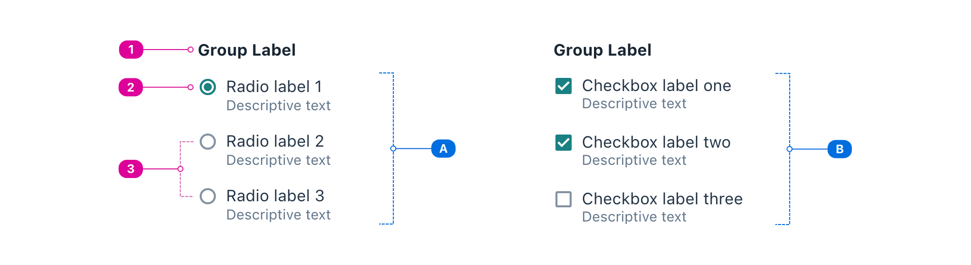 A diagram of two choice fields: A Radio group choice field and a checkbox group choice field with indicators calling out the label: top, the current selection, and choices.